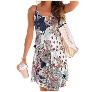 Boho Paisley Sundress Adjustable Straps Drop Waist Size M